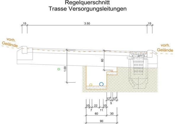 Blick auf die neu ausgebaute Straße in Biesfeld-West, umgeben von Wohngebieten.